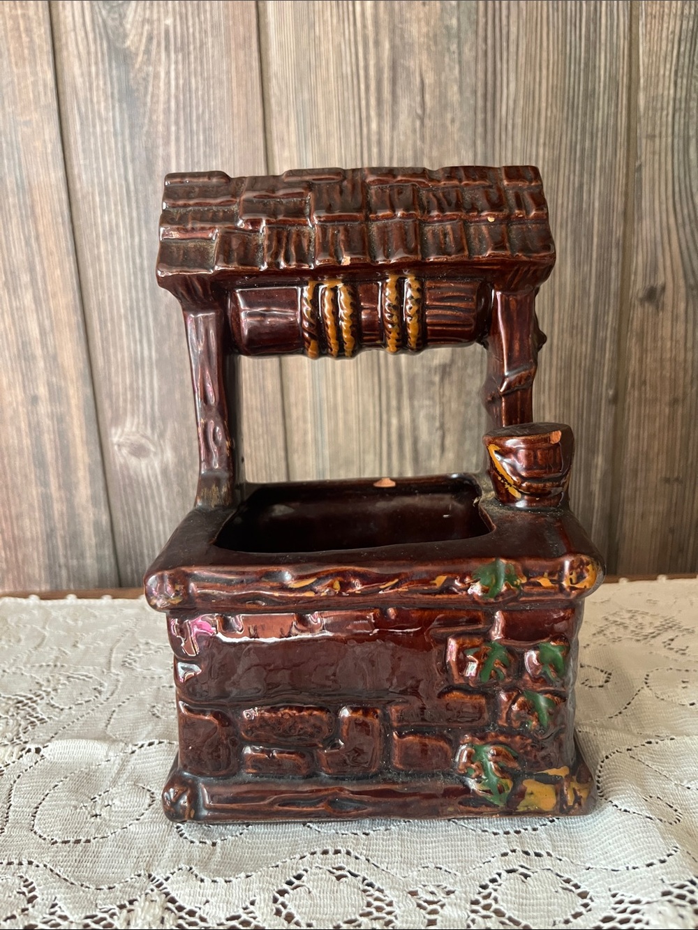 Vintage E.O. Brody Wishing Well Planter - Brown Glazed